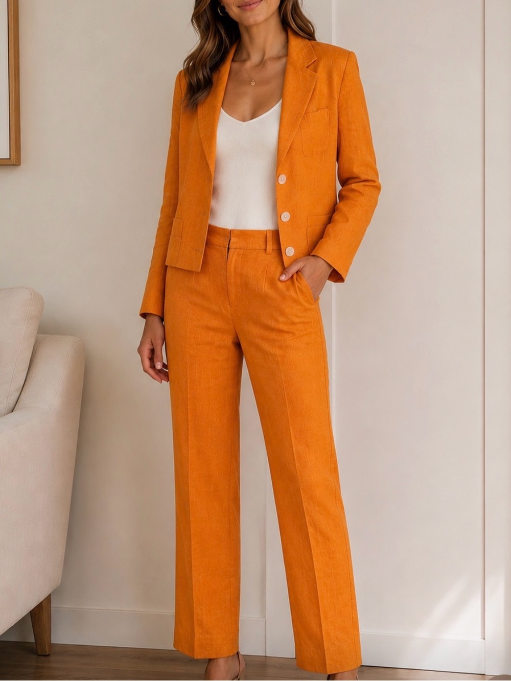 Lauren by Ralph Lauren Orange Linen Women's Pants & Blazer Suit
